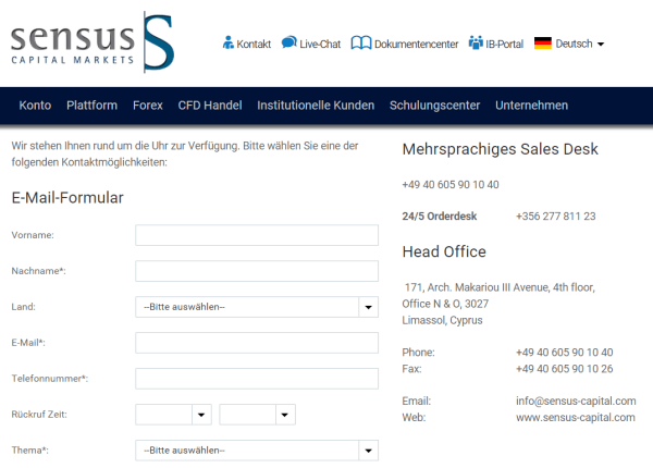 Die Kontaktseite bei Sensus Capital Markets